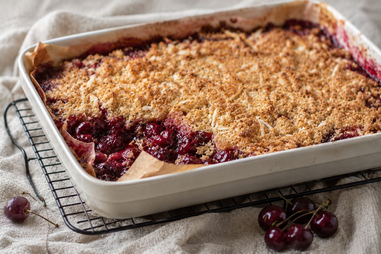 cherry crisp with cassava flour and shredded coconut crumble topping, oven baked