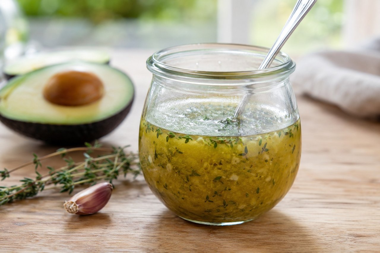 Garlic-thyme vinaigrette: the avocado-emulsified dressing for everyday salads