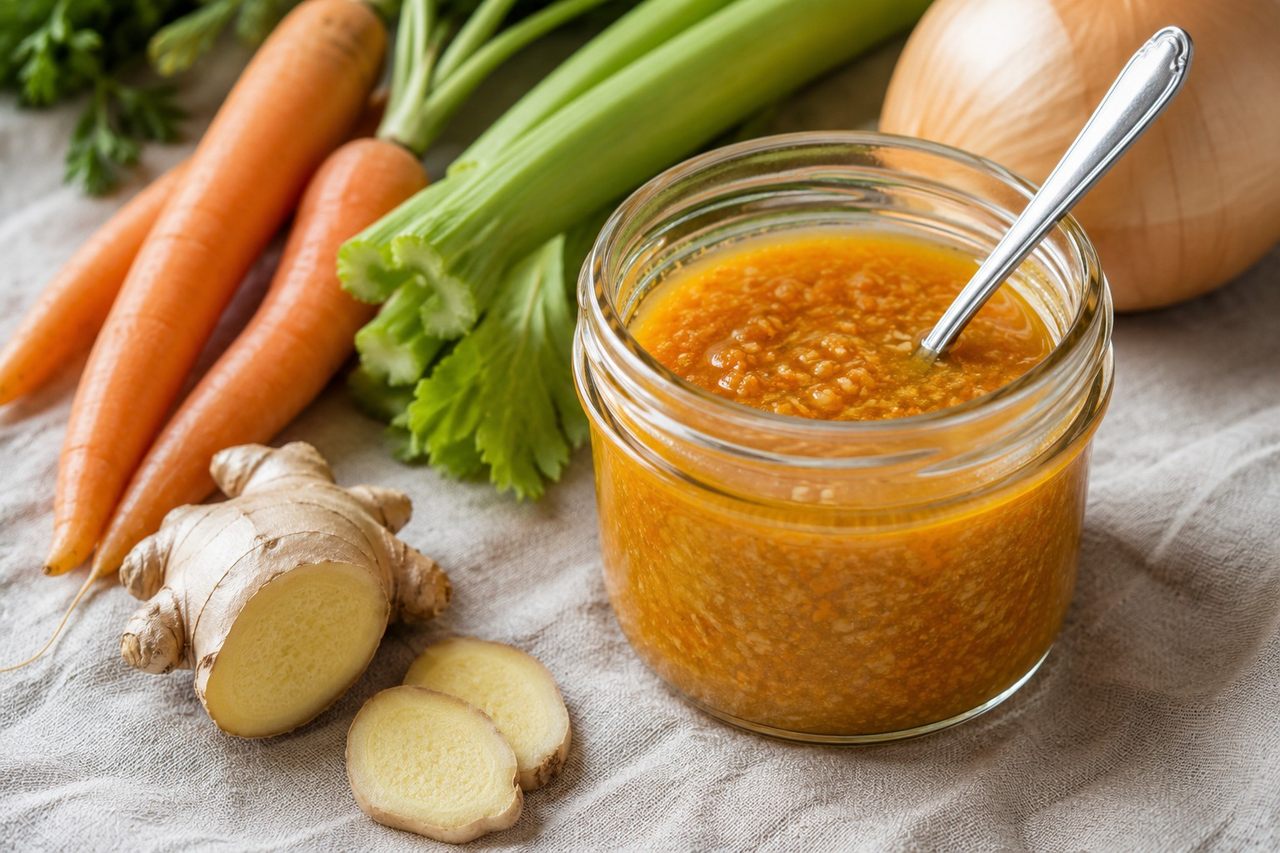Japanese carrot-ginger dressing: the hibachi restaurant starter, soy-free and AIP