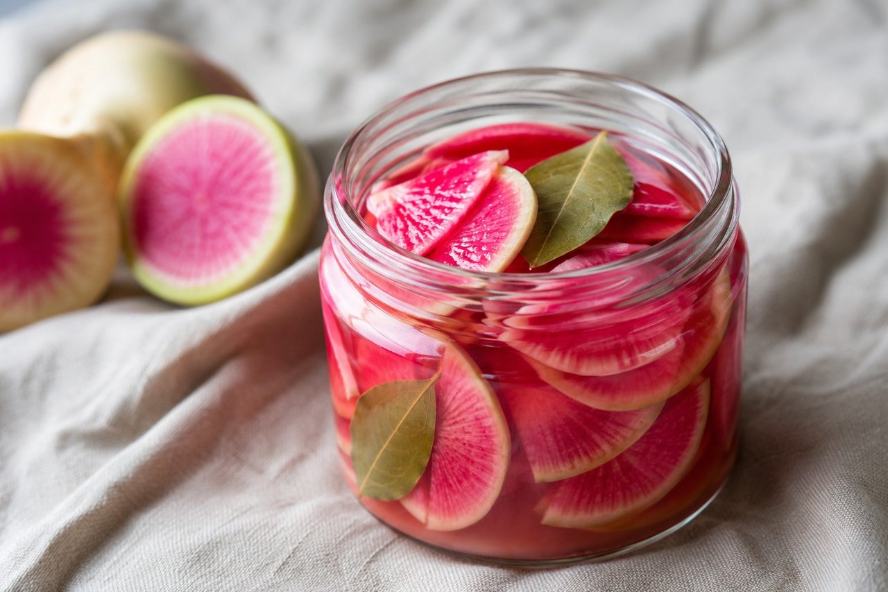Pickled watermelon radish: pale green outside, bright pink within