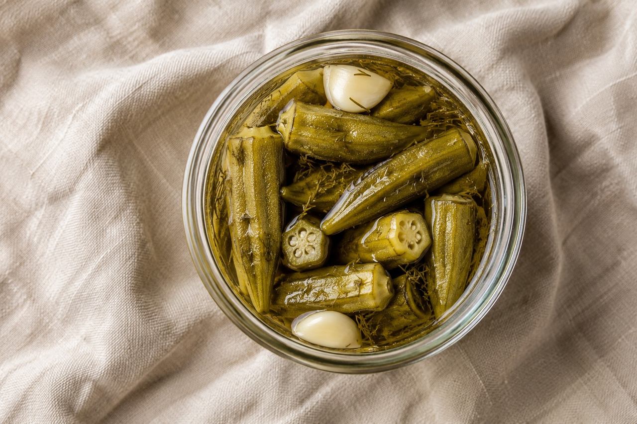 Garlic dill pickled okra: crunchy, not slimy