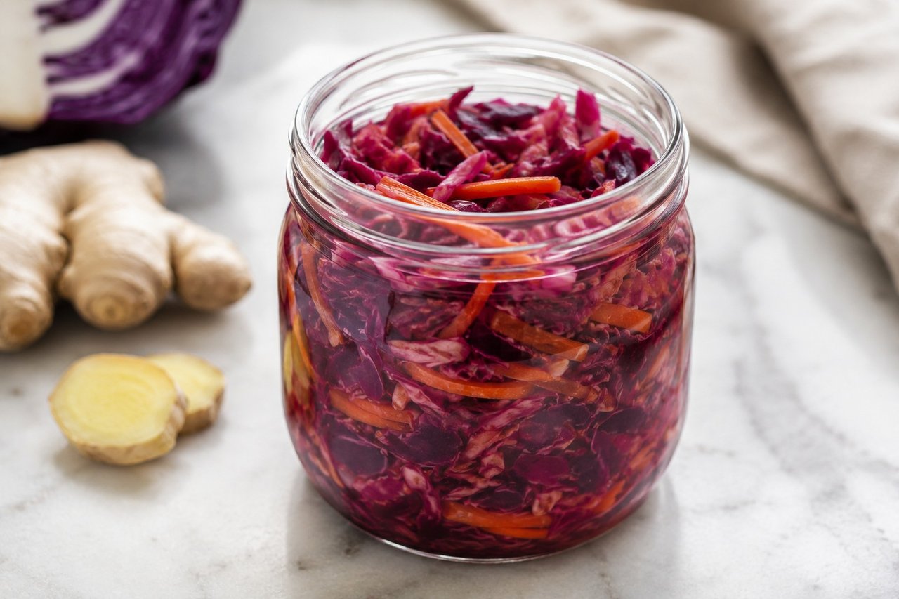 Ginger-carrot sauerkraut: a warmer, sweeter ferment
