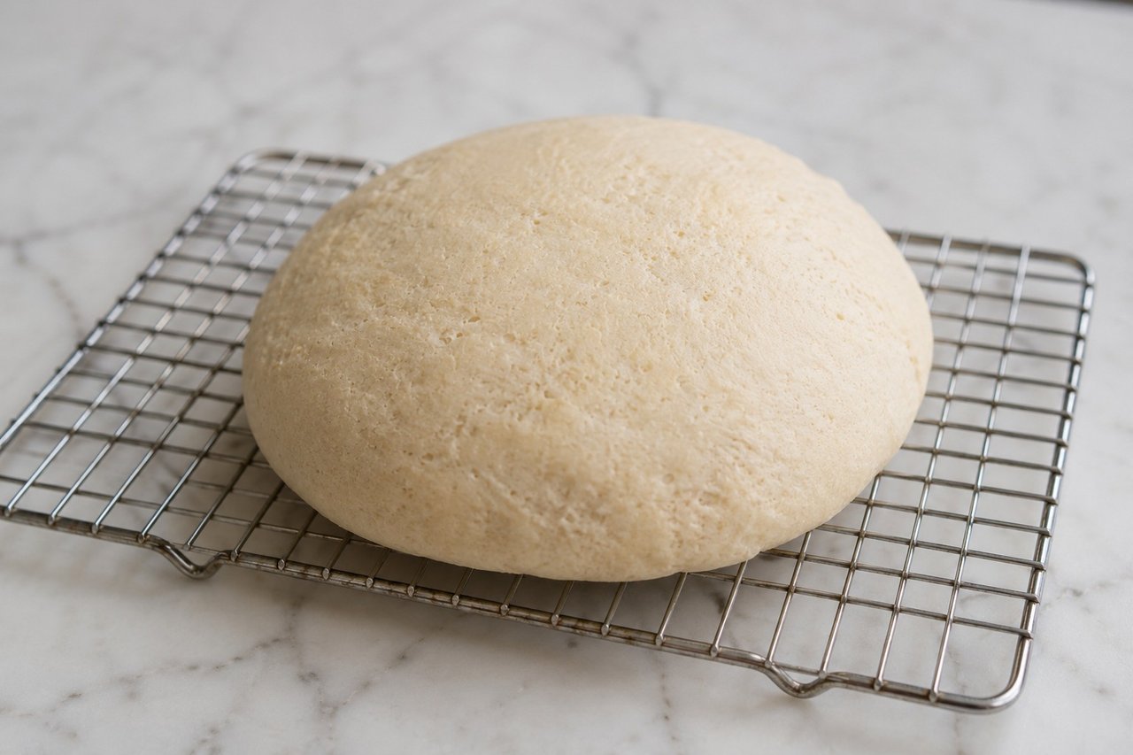 AIP pizza dough: yeast-risen, rolled thin, baked hot