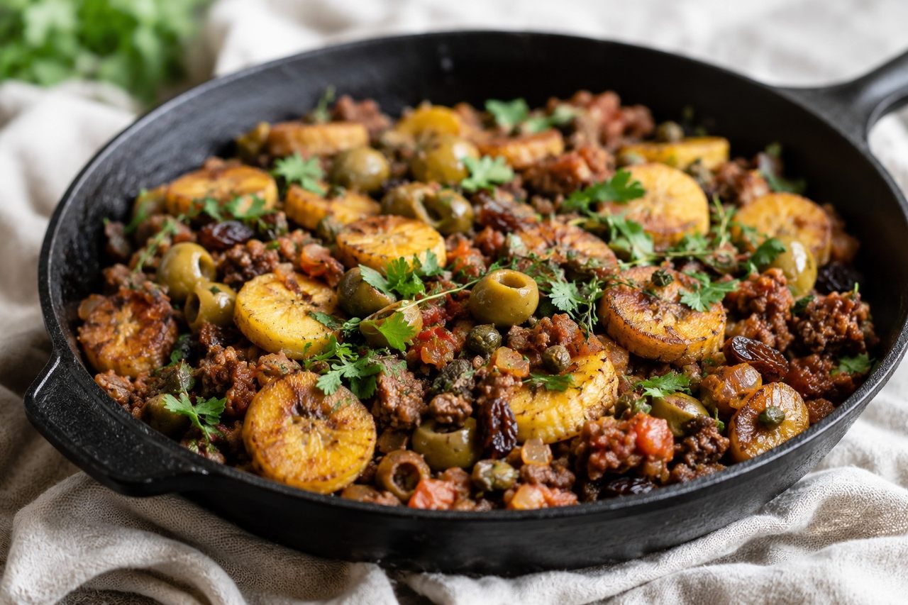 Caribbean plantain and ground beef hash: sweet, savory, and built on a real skillet