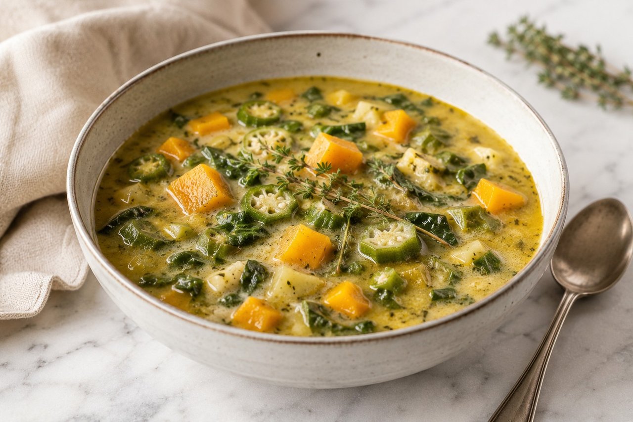 Caribbean callaloo soup: leafy greens, coconut milk, and squash in one bowl