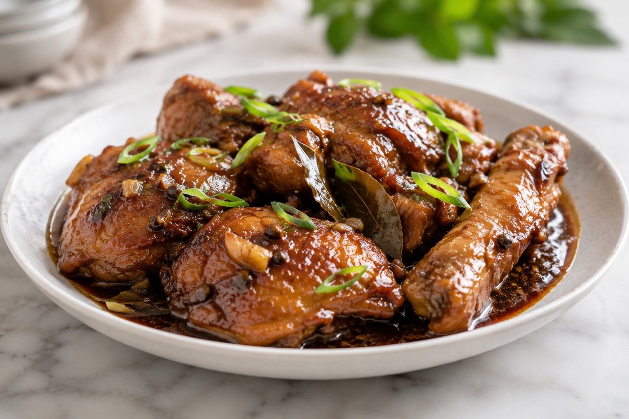 Filipino chicken adobo: braised in vinegar and coconut aminos until the sauce turns glossy
