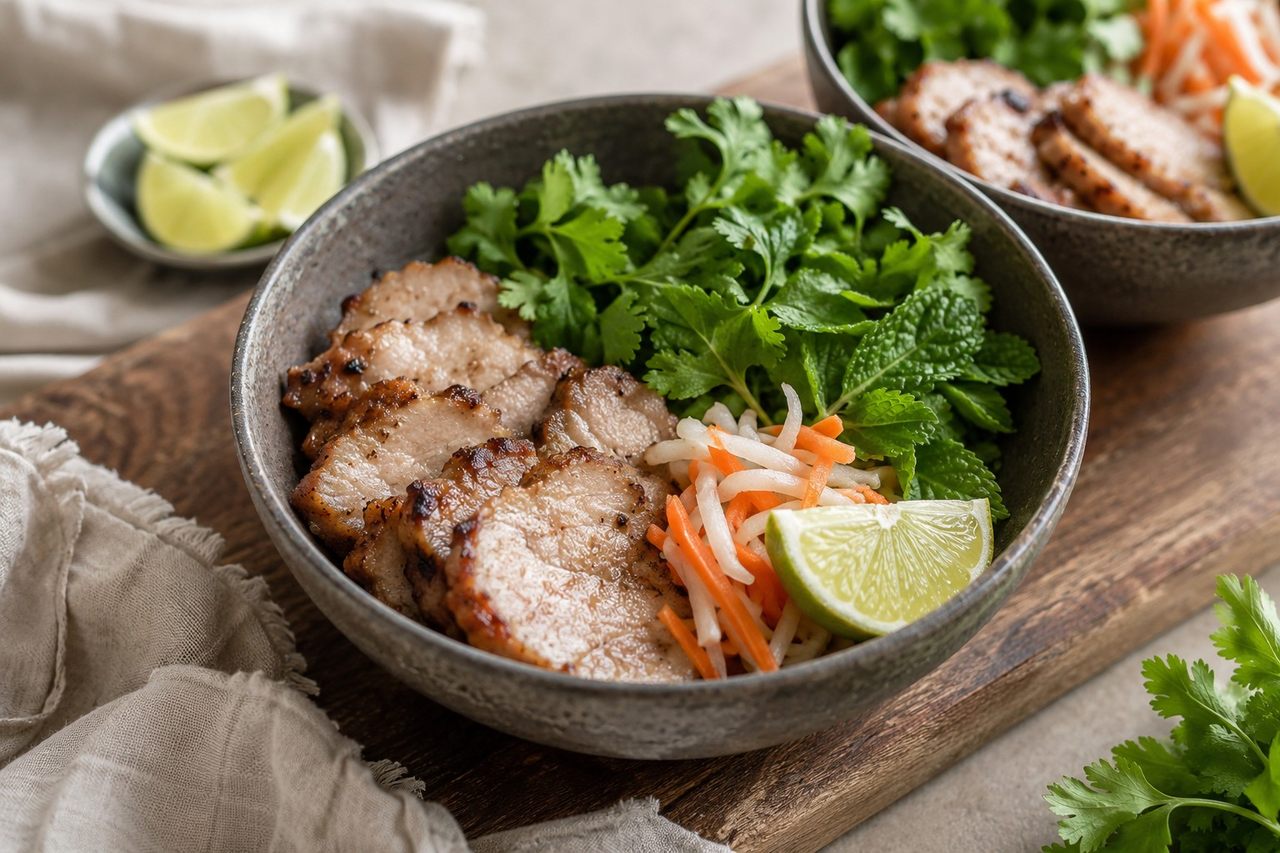 Banh mi bowls: lemongrass pork over greens, no bread required