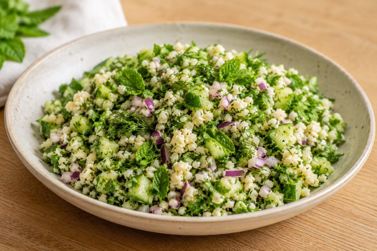Cauliflower tabbouleh: an herb-heavy salad built without a single grain