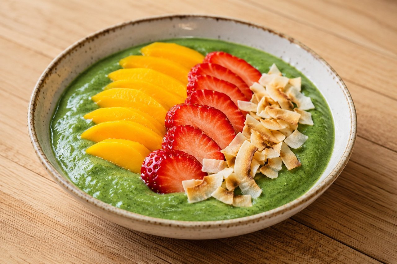 Green breakfast smoothie bowl: spinach, mango, and strawberry, coconut-free
