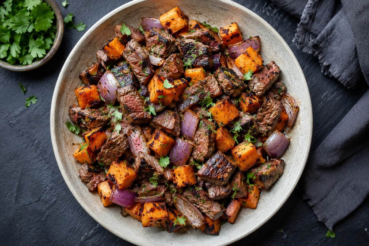 Sheet pan breakfast taco hash: flank steak, sweet potato, one pan
