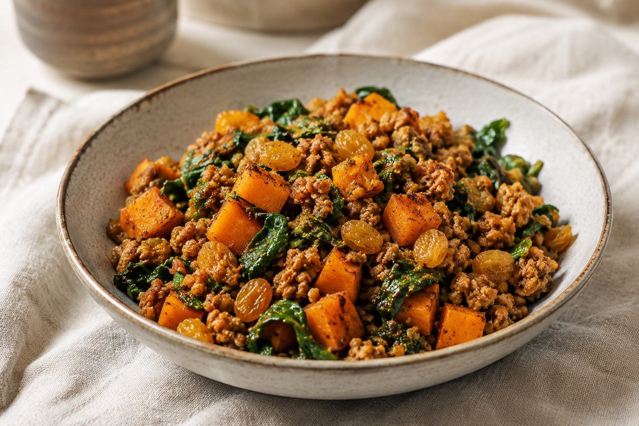 Moroccan-inspired breakfast skillet: ground pork, sweet potato, and chard with turmeric