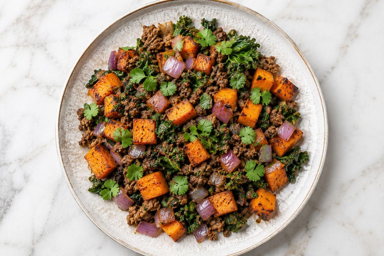 Mexican-inspired breakfast skillet: ground beef, sweet potato, and kale in one pan