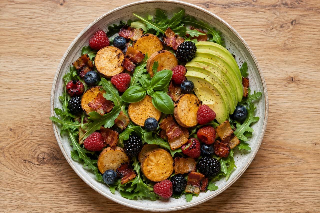 Healthy breakfast salad: roasted sweet potato, bacon, and berries over arugula