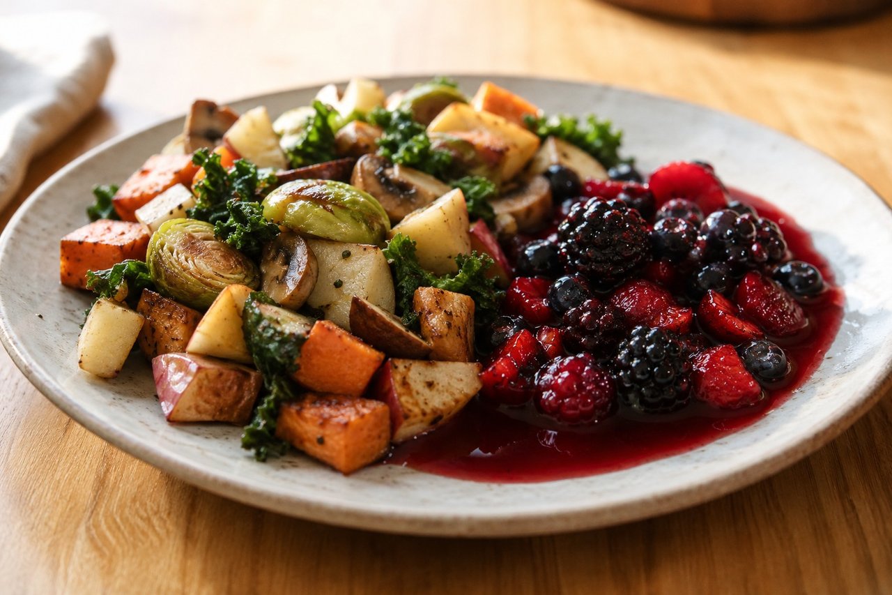 Veggie sheet pan breakfast with stewed berries