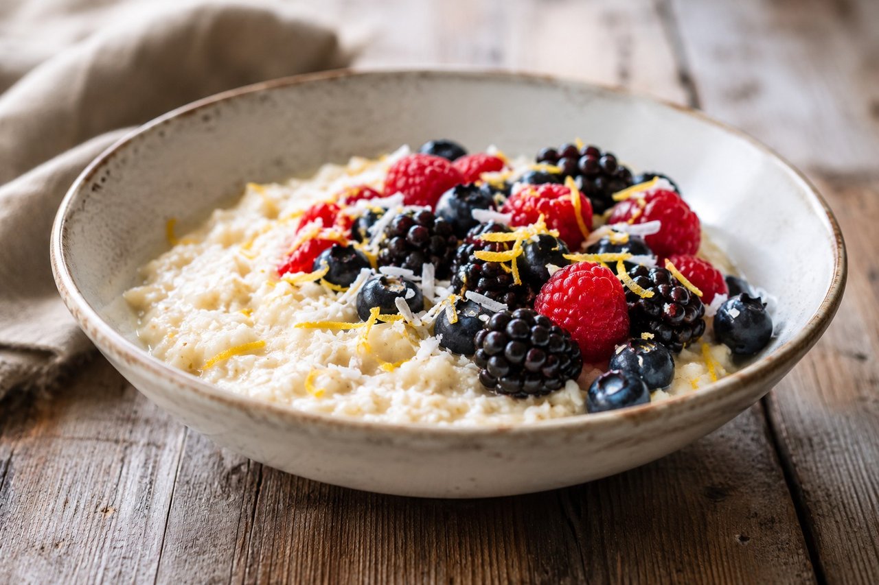 Warm porridge with lemon and berries: cauliflower and coconut, brightened