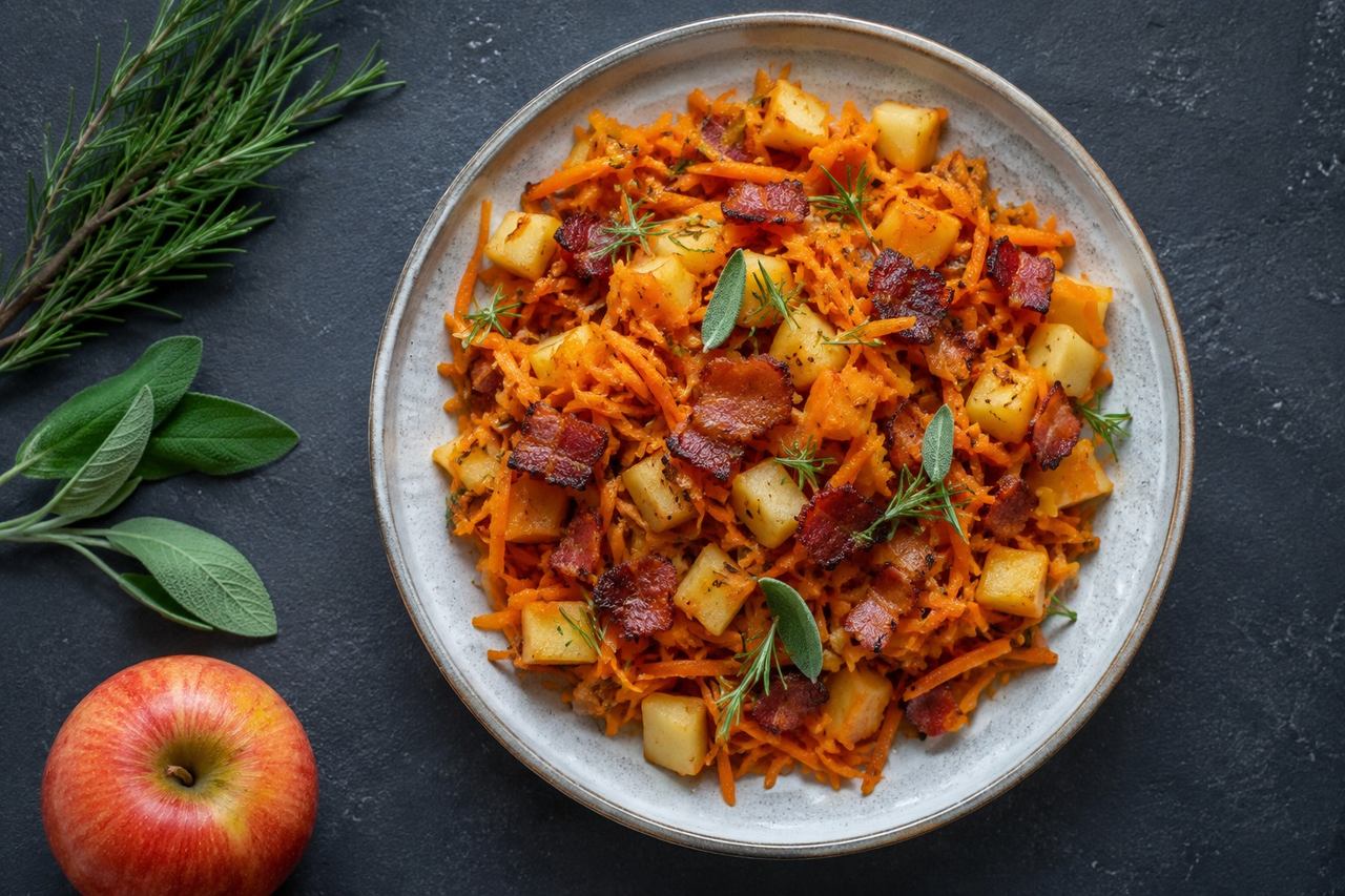 Carrot, apple, and bacon breakfast hash: crispy sage, quick skillet