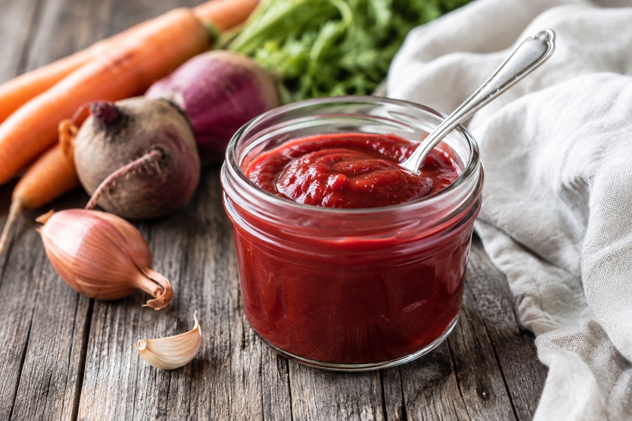 Tomato-free AIP ketchup: beets, carrots, and applesauce doing tomato's job