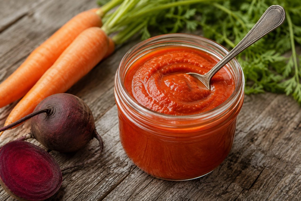Tomato-free AIP ketchup: beets, carrots, and applesauce doing tomato's job