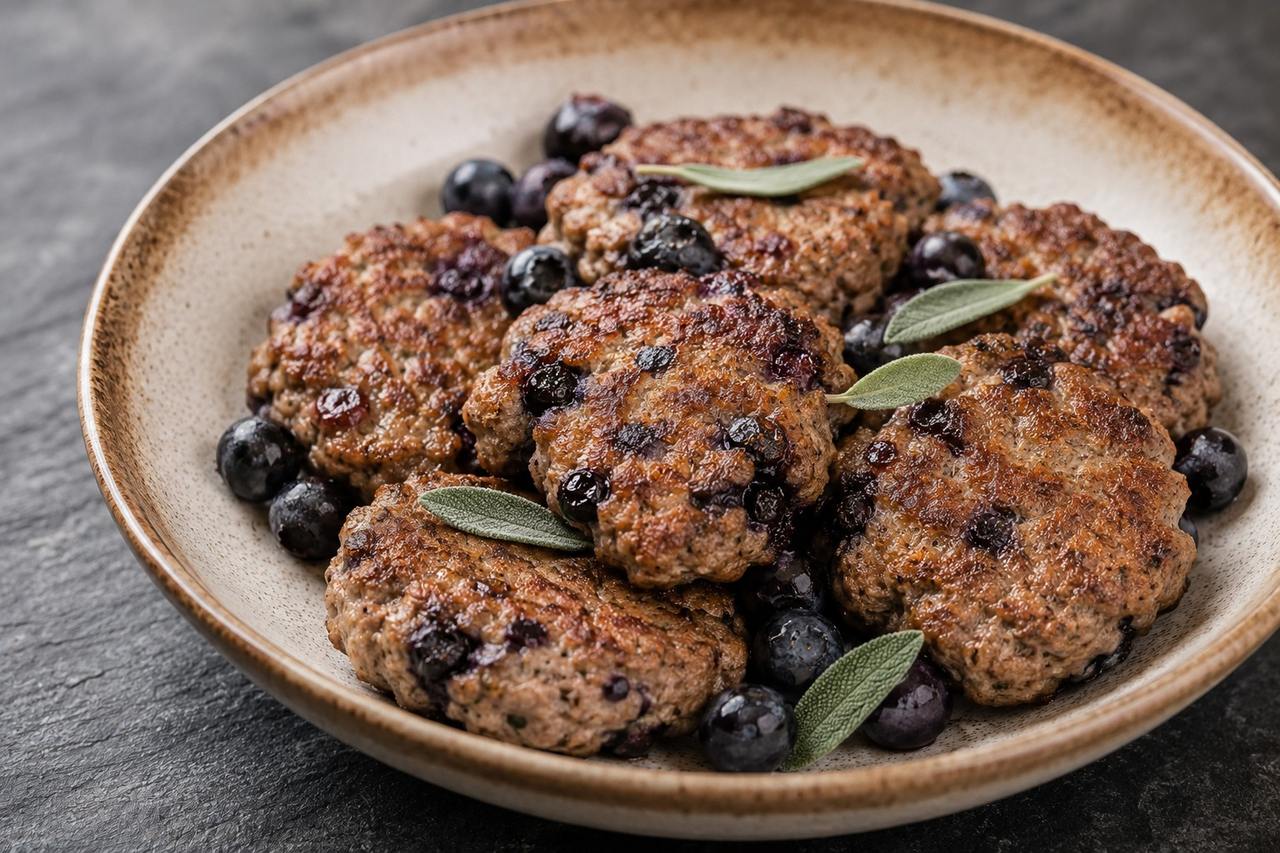 pan-fried turkey breakfast sausage patties with blueberries, sage, and warming spices