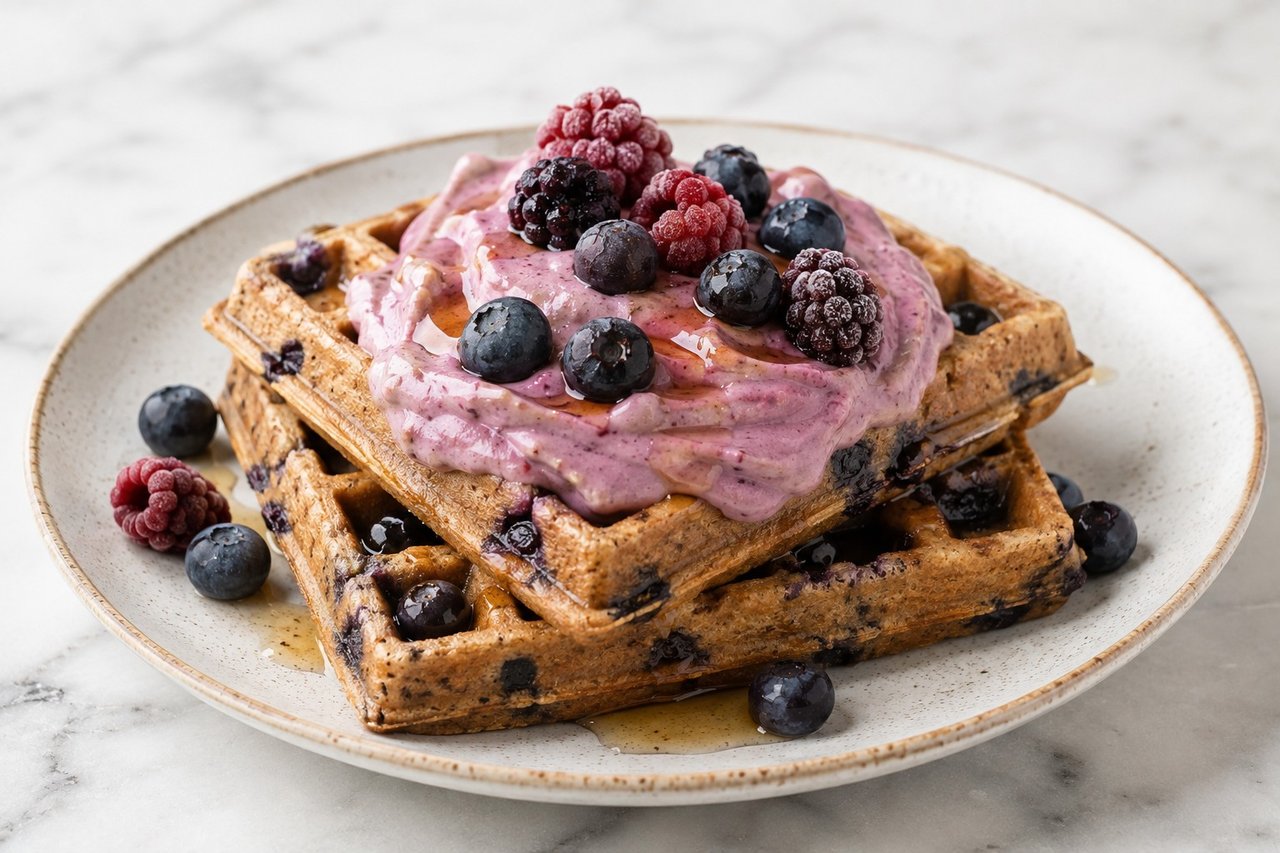 grain-free blueberry waffles with a blended avocado-berry cream topping, AIP-compliant