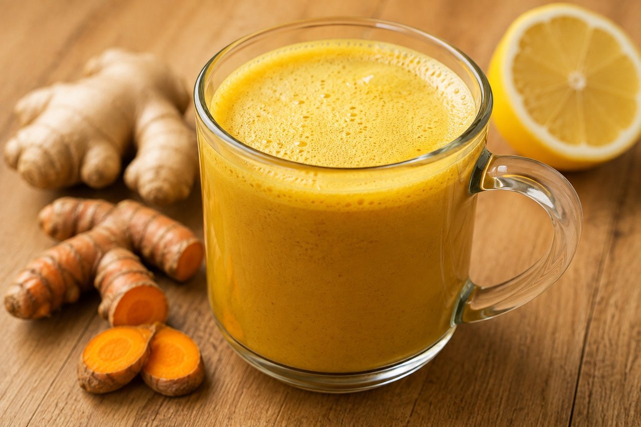 warm bone broth blended with fresh turmeric, ginger, lemon, and coconut oil into a frothy latte