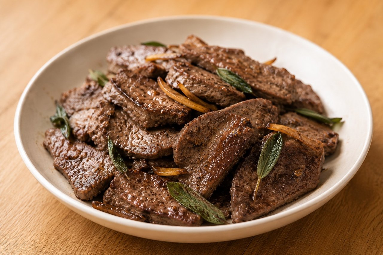 thin-sliced beef heart marinated in a clove and cinnamon rub, pan-fried in coconut oil