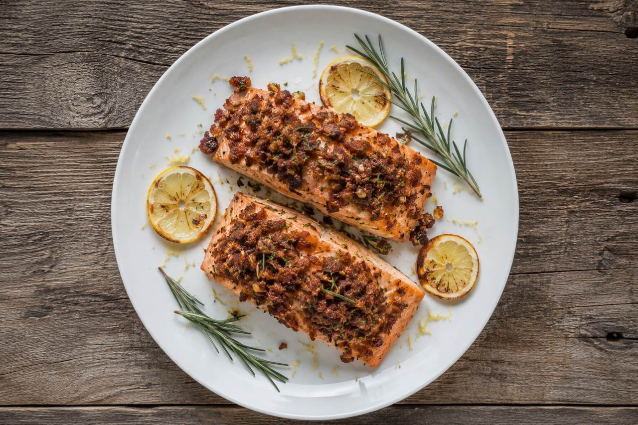 Bacon-Date Crusted Salmon