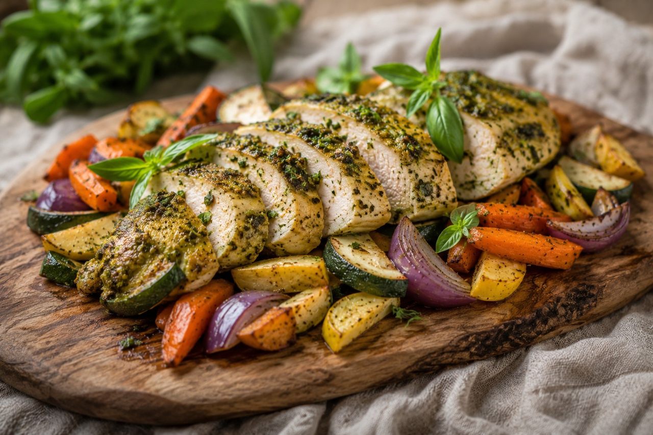 Basil Pesto Chicken with Roasted Veggies