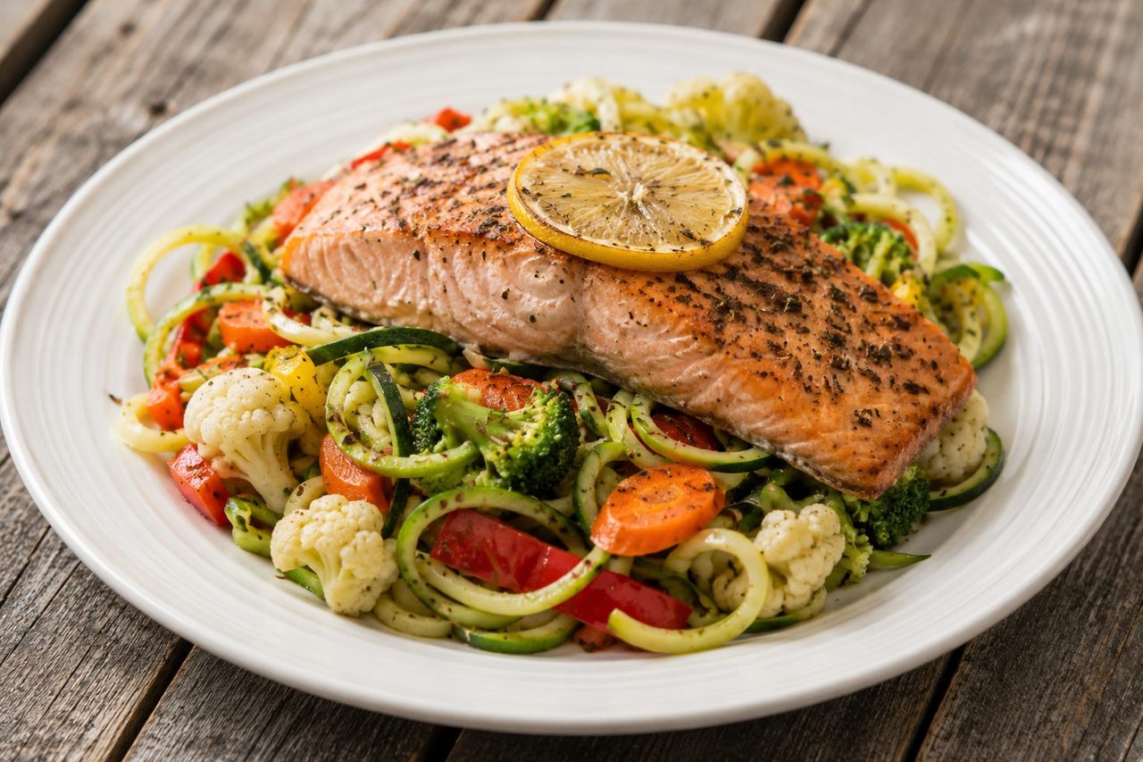 Salmon Primavera with Zoodles
